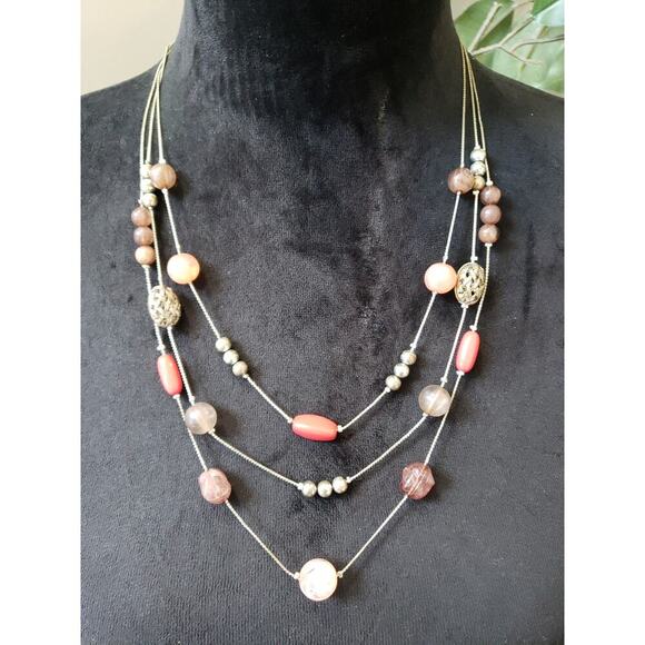 Women Layered Bead Necklace Rose Quartz Coral Stone Silver Tone Chain Clasp - Picture 4 of 6